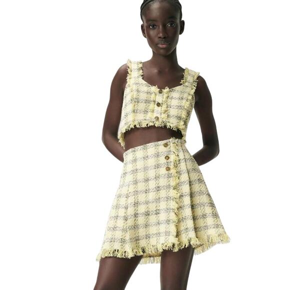 Zara Yellow Plaid Tweed Button Front Sleeveless Crop Top XS - Picture 1 of 14